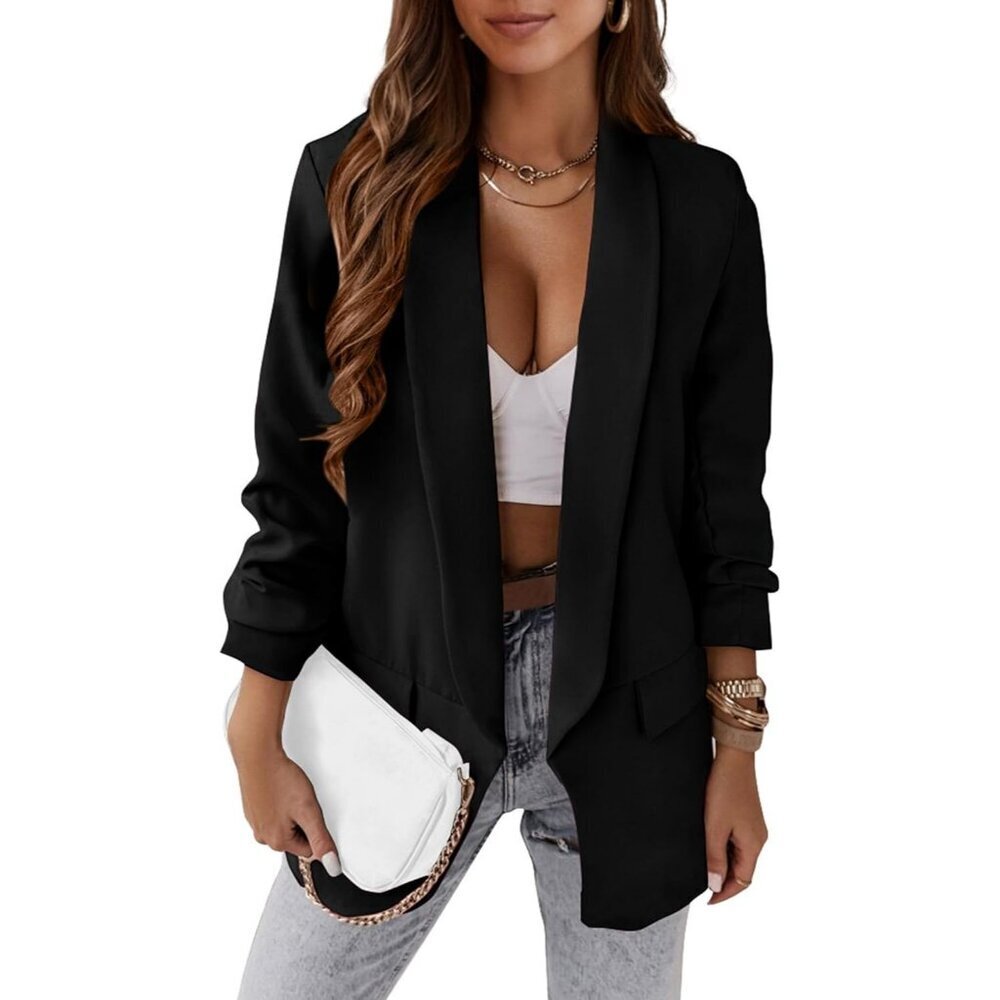 Women's Black Casual Blazer Spring Fall Fashion Long Sleeve Open Front Work